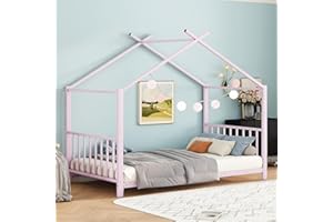BELLEMAVE Twin Size Kids Montessori Floor Bed,Houe Bed Frame with High Headboard,Twin Floor Bed with Roof for Boys Girls,Floor Bed Metal Frame (Pink)