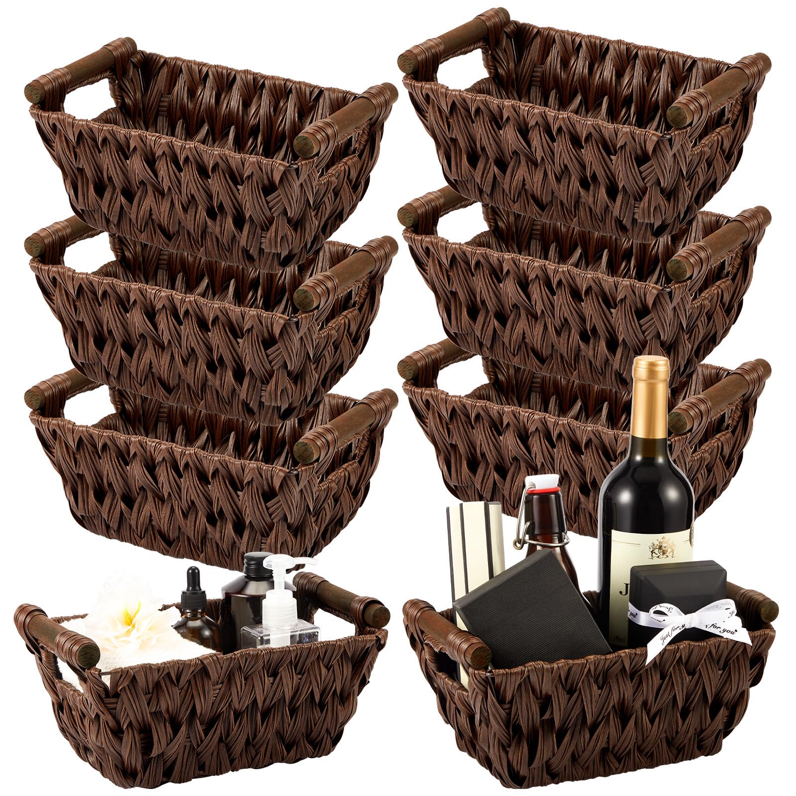Photo 1 of Marsui 6 Pcs Small Wicker Baskets for Gifts Empty 9 x 6 x 4 Inches Hand Woven Seagrass Rattan Towel Baskets Bin Organizer Shelf Pantry for Bathroom Storage Towel Kitchen Toilet Room (Coffee)