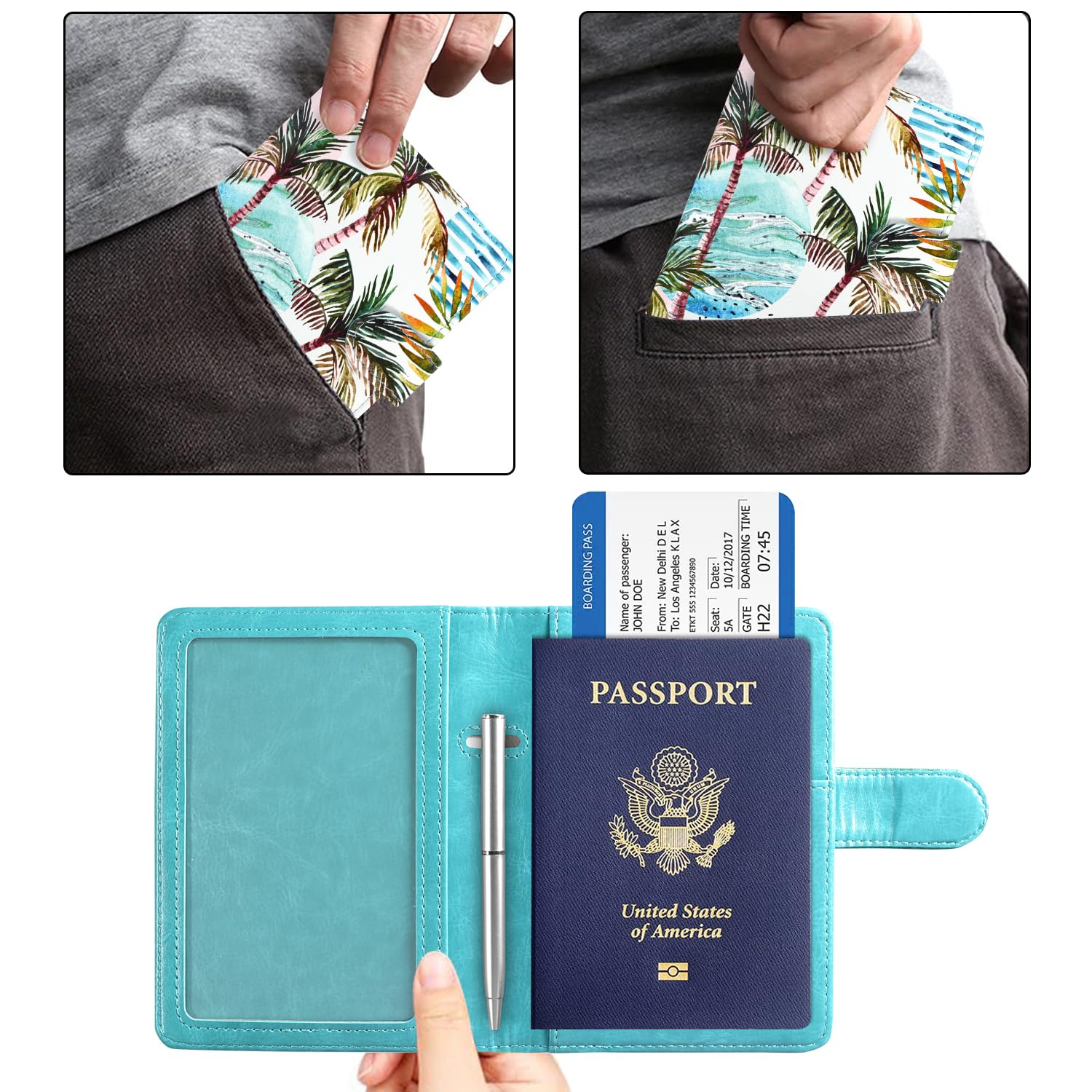 ACdream Passport and Vaccine Card Holder Combo, Cover Case with CDC Vaccination Card Slot, Leather Travel Documents Organizer Protector, with RFID Blocking, for Women and Men- Coconut tree