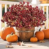 Lcuasc 10PCS Outdoor Fall Faux Flowers UV Resistant Morning Glory Artificial Flowers Eucalyptus Plants for Autumn Garden Patio Window Box Planter Home Decor (Burgundy)