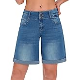 roswear Women's High Waisted Stretchy Wide Leg Denim Shorts Casual Summer Cuffed Long Jean Shorts