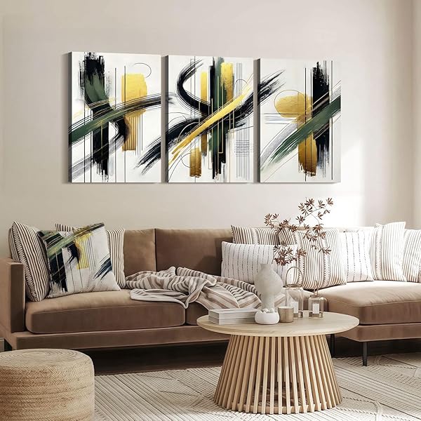 3 PCS FRAMED ABSTRACT WALL ART MODERN GALLERY PRINTS BLACK GREEN GOLD LINES CANVAS PAINTING MINIMALIST POSTER PICTURE LIVING ROOM BEDROOM OFFICE WALL DECOR 16X24 INCH READY TO HANG