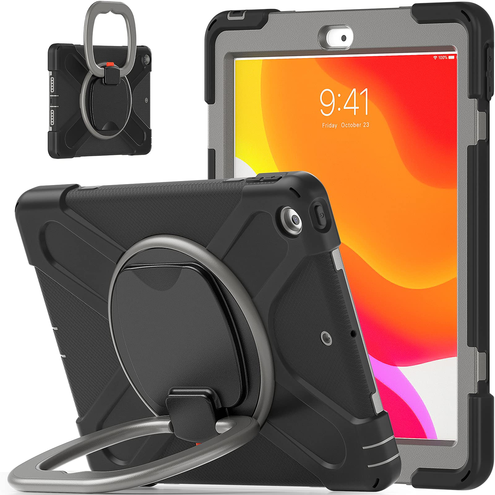 Bspring Case Fit New iPad 8th/7th Generation 10.2"/iPad 10.2 Case 2020/2019, Shockproof Heavy Duty Protective Case, 360 Degree Rotate Stand,Black+grey