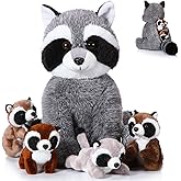 Harrycle 5 Pcs Raccoon Stuffed Animal Set Adorable Mommy Raccoon Plush with 4 Cute Babies in Tummy Soft Cuddly Plushie for Birthday Woodland Party Decor(Cute Style)