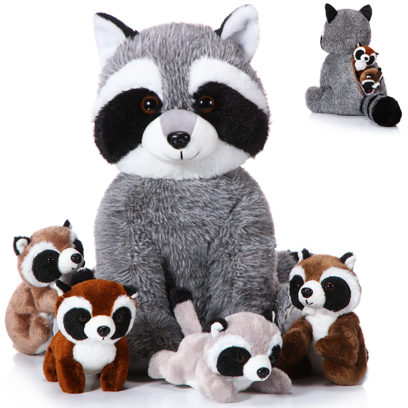 Photo 1 of Harrycle 5 Pcs Raccoon Stuffed Animal Set Adorable Mommy Raccoon Plush with 4 Cute Babies in Tummy Soft Cuddly Plushie for Birthday Woodland Party Decor(Cute Style)