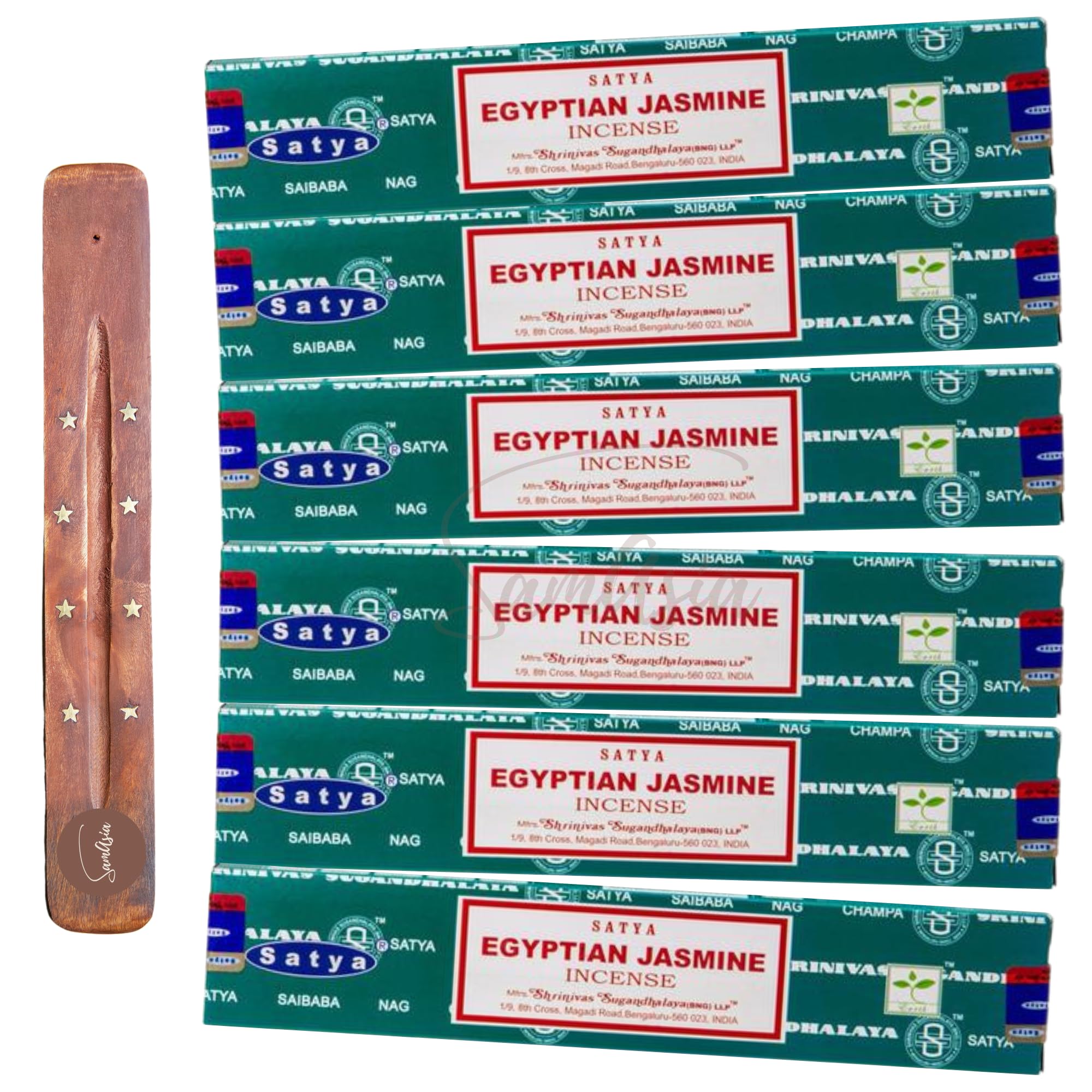Satya Nag Champa Egyptian Jasmine Incense Sticks | x6 pack | with SAMASIA incense sticks holder | Used for Aromatherapy, Spa, Yoga, Weddings, Meditation, Healing, Positivity and Relaxation