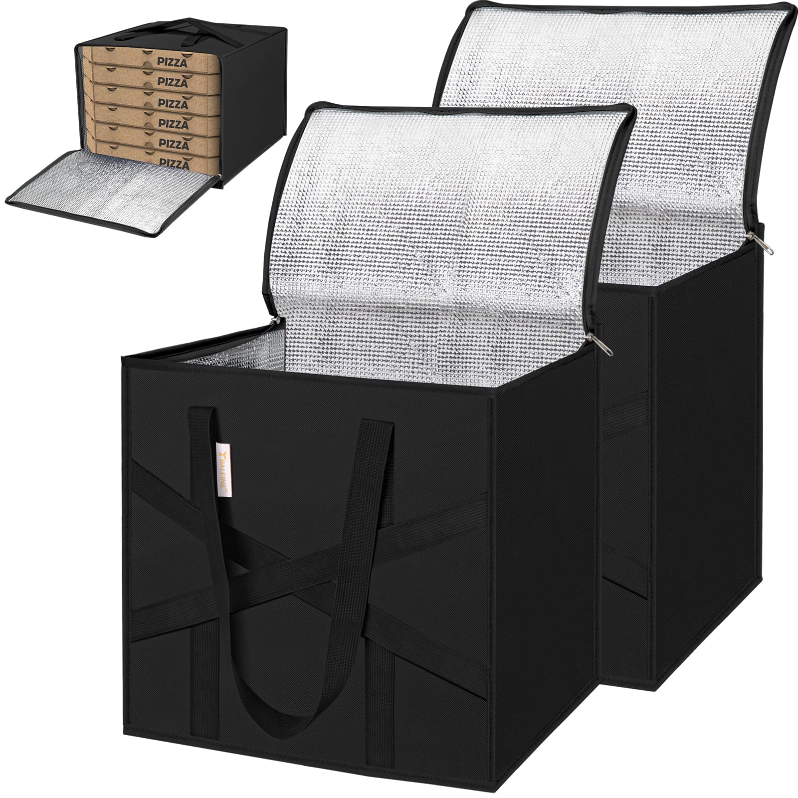 BALEINE 2Pk Insulated Reusable Grocery Bags, Collapsible Cooler Bag for Groceries, Heavy Duty Large Insulated Bag (16''x11.5''x16'', Charcoal Black)