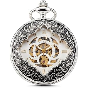 Mechanical Pocket Watch for Men with Chain, Silver Skeleton Wind Up Watch | Double-open case with visible gears and Roman num