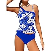 AGAPENG Girls Swimsuit Two Piece One Shoulder Tankini Floral Print Drawstring Swimwear Set 7-14Y
