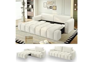 LuxyHoom 90.2" Futon Sofa Bed King, 3-in-1 Teddy Convertible L-Shaped Sofa, Upholstered Loveseat Couches, Pull Out Couch Bed Small Spaces, Deep Seat, Storage for Living Room, Apartment, Beige