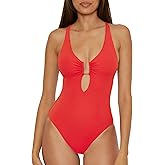 Becca Womens Modern Edge One Piece Swimsuit, Plunge Neck, Adjustable, Tie Back, Bathing Suits for Women