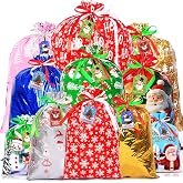 AhfuLife 16pcs Christmas Drawstring Gift Bags with Tags, 5 Assorted Size Xmas Gift Wrapping Bags, Christmas Extra Large Mediu