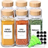 ComSaf 8 oz 6Pcs Glass Spice Jars with Label, Empty Spice Containers with Bamboo Lids, Square Seasoning Containers Trial and Supplement Set, Small Seasoning Bottles for Salt, Herbs, Sugar, Pepper