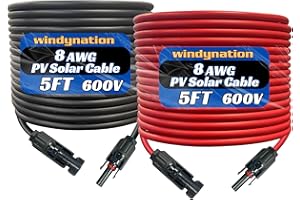 WINDYNATION 8 AWG 8 Gauge Pair 5 Feet Red +5 Feet Black PV Photovoltaic Solar Panel Extension Cable Wire Solar PV Connector
