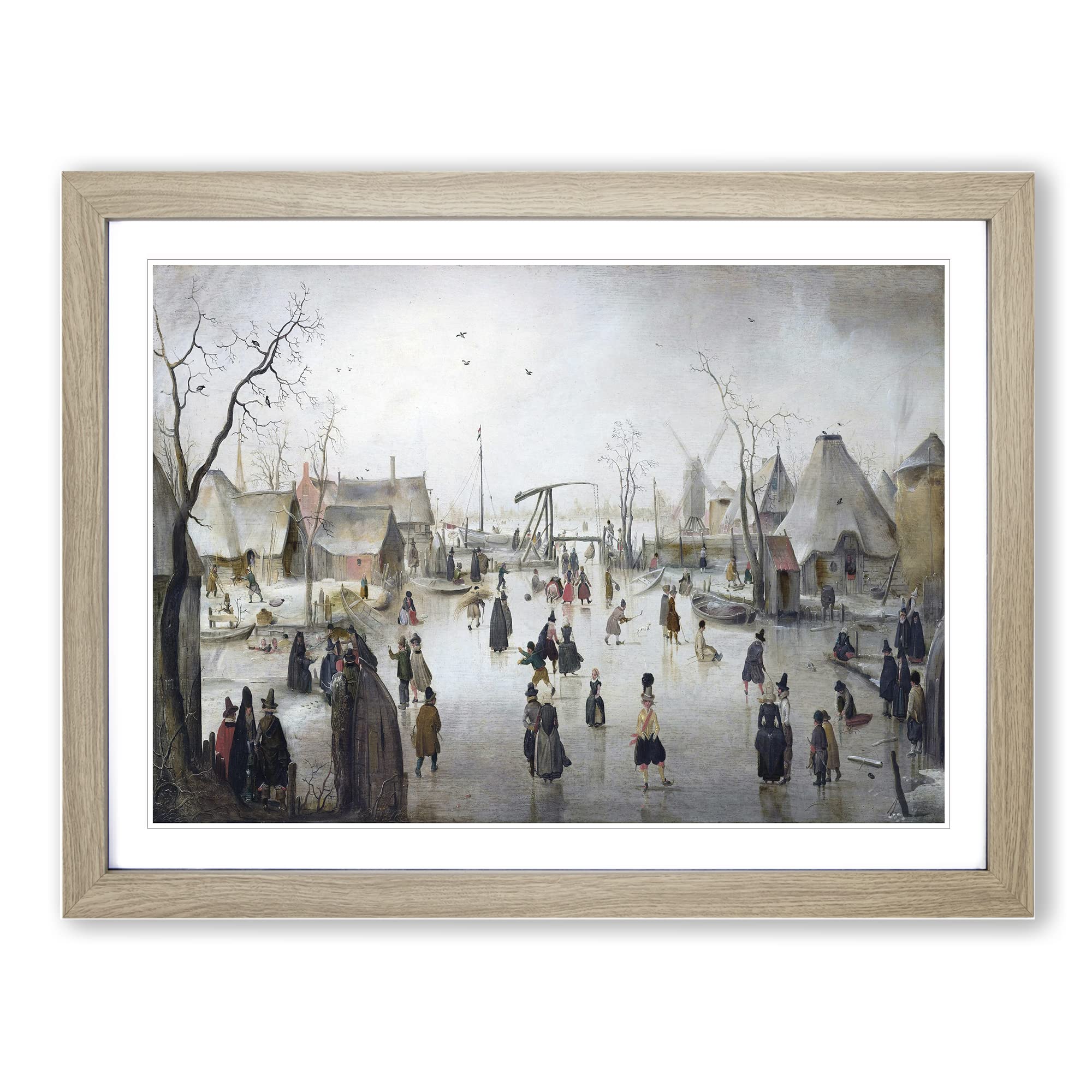 Ice Skating In A Village By Hendrick Avercamp Classic Painting Framed Print | A4 Oak Framed Wall Art | Ready to Hang | Classic Landscape Picture | Living Room Bedroom Lounge Office