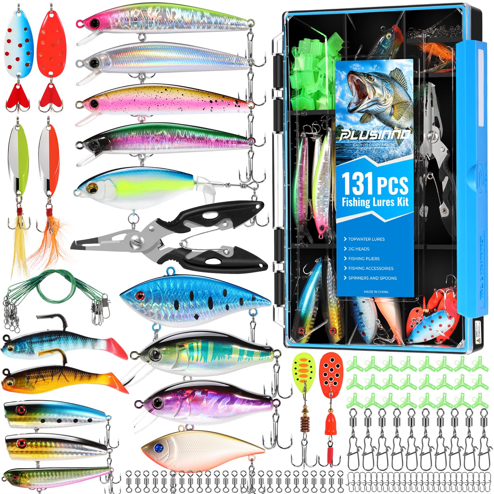 Photo 1 of PLUSINNO Fishing Lures & Accessories Kit for Saltwater & Freshwater Fishing, Including Topwater Lures, Hooks, Spinnerbaits