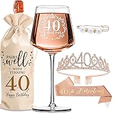 40th Birthday Gifts for Women Her - Elegant Decorations with Vintage Wine Glasses, Wine Bag, Birthday Sash, Crown,Rhinestone Birthday Tiara, Perfect for Women,Mom,Wife,Coworker,Best Friend,Sister