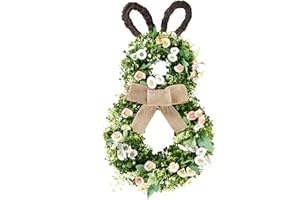 Sggvecsy 24 Inch Easter Bunny Wreath Spring Bunny Shaped Artificial Flower with Greenery Colorful Daisies Bow Knot for Front Door Summer Farmhouse Holiday Wall Home Window Decor