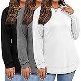 Oakgarden 3 Pack Women's Plus Size Sweatshirts, Long Sleeve Cotton Tees Crew Neck Pullover Shirts Tunic Curved Hem T-Shirts