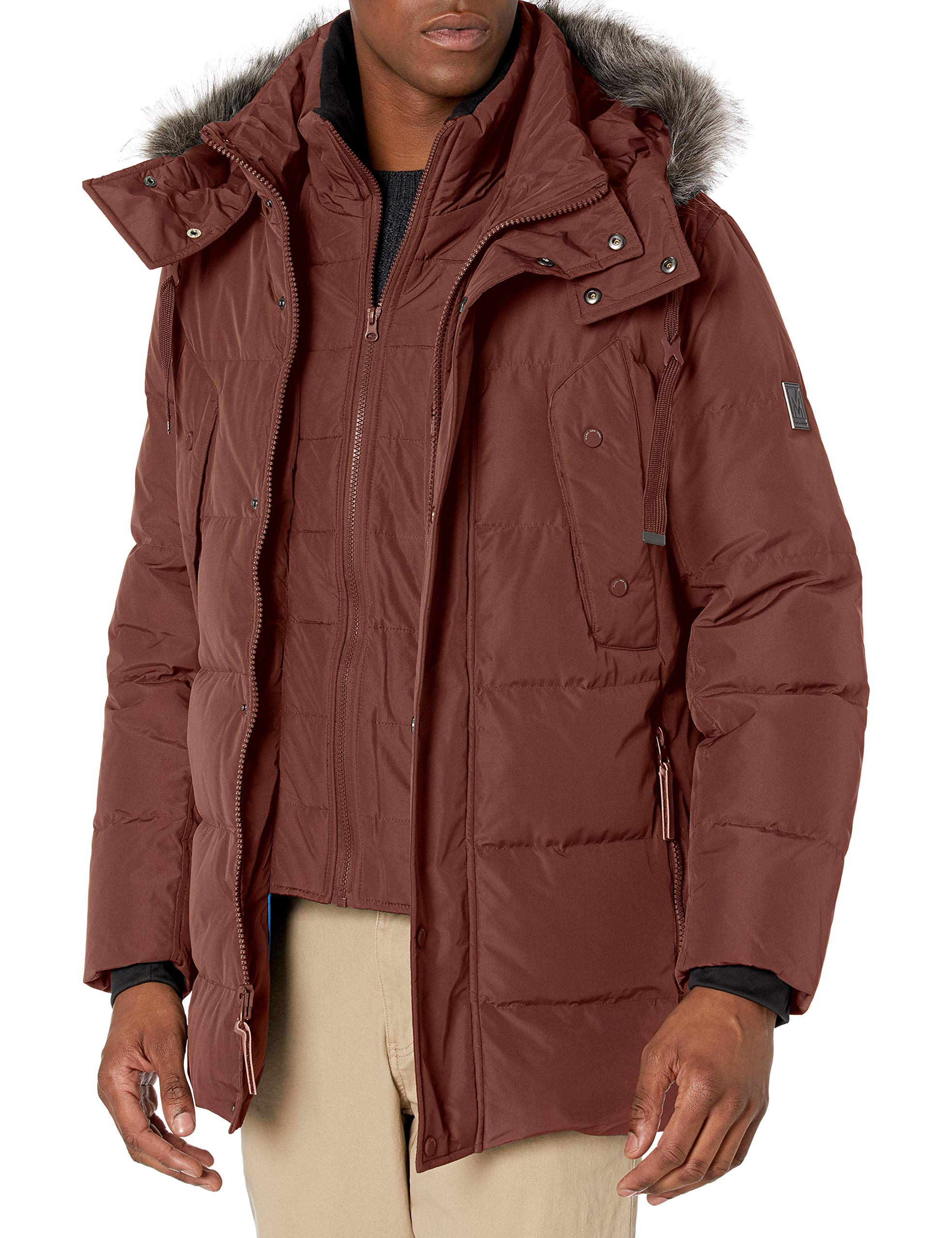 Andrew Marc Men’s Gattica Down Parka Jacket with Removable Faux Fur Trimmed Hood and Bib, Oxblood, Large