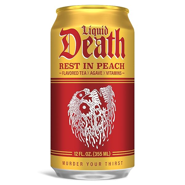 LIQUID DEATH ICED TEA – REST IN PEACH (PEACH-FLAVORED BLACK TEA), LESS SUGAR*, BOOST OF CAFFEINE, B VITAMINS, NO ARTIFICIAL SWEETENERS, 12 FL OZ (PACK OF 12)