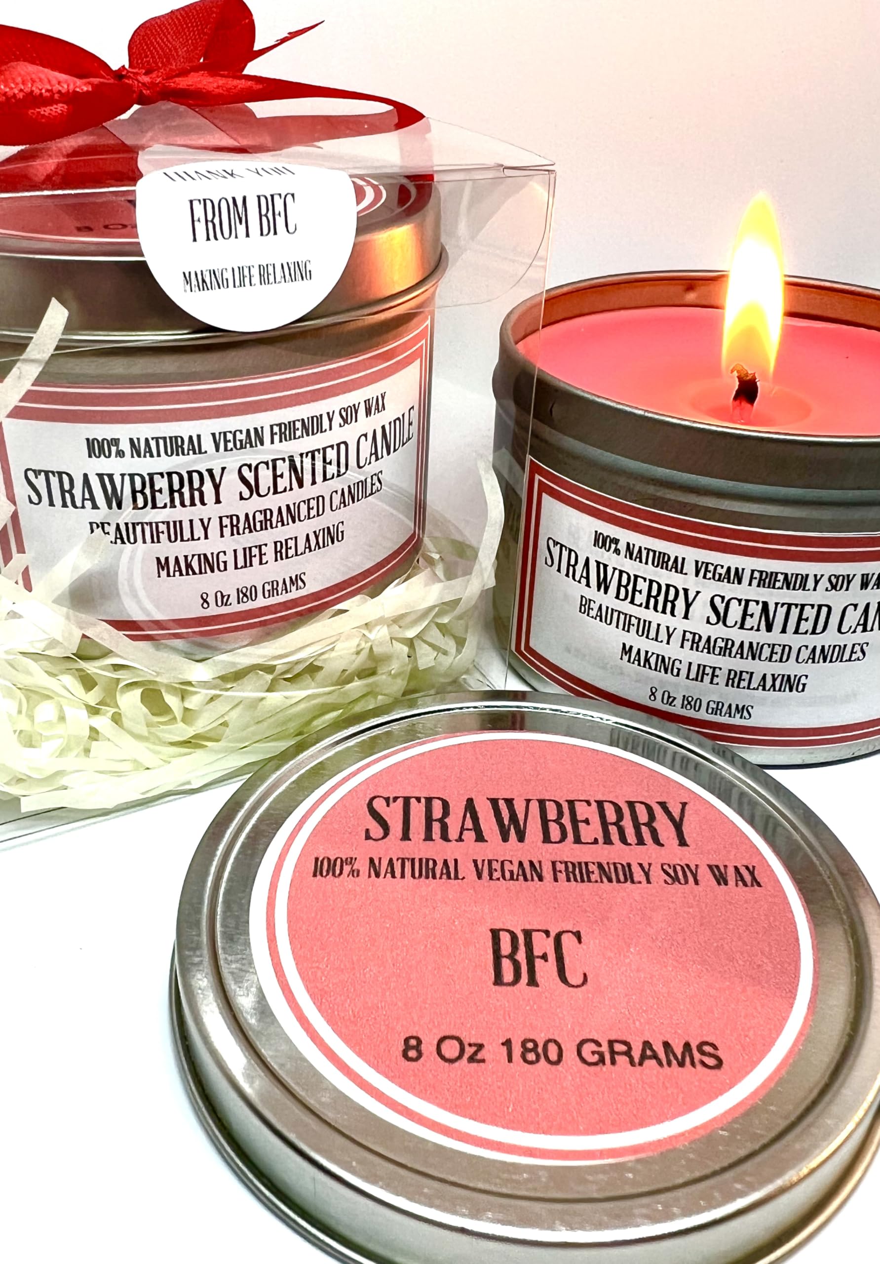 Strawberry Scented Soy Wax Candle - Handmade BFC - Strawberry Scented 36 Hours Burn Time 8 Oz 180 Grams Soy Wax Candle Silver Brush Finish Tin. Strawberry Scented