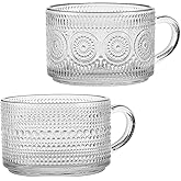 Bandesun Vintage Glass Coffee Mugs Tea Cups, 14 Oz Set of 2 - Stackable Embossed, Glassware with Handle, for Cappuccino, Latt
