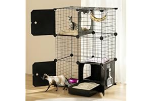 PAWING Cat Enclosure Indoor with Litter Box, 3-Tier Metal Wire Cat Cage, DIY Detachable Design for Cats, Kittens & Small Animals, Multi-Level Kennel