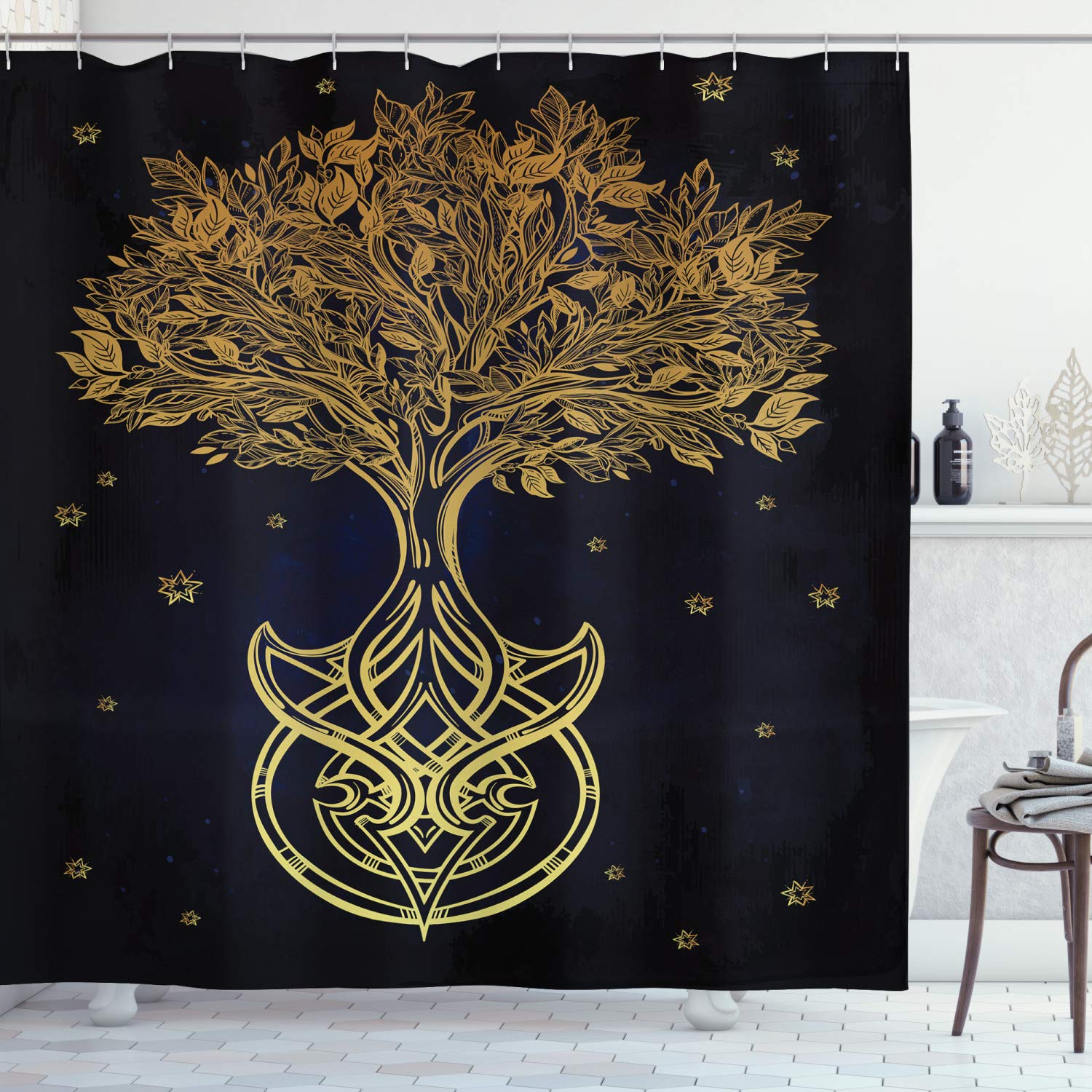 ABAKUHAUS Tree of Life Shower Curtain, Romantic Plant Night with Stars in Sky Baroque Mystic Tribal, Cloth Fabric Bathroom Decor Set with Hooks, 78 Inches, Dark Blue Yellow