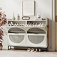 Maupvit Large Rattan Shoe Storage Cabinet with 4 Flip Drawers, Freestanding Shoe Organizer with Metal Legs for Entryway, Hidden Silver Handles, Narrow Shoe Rack Cabinet, White