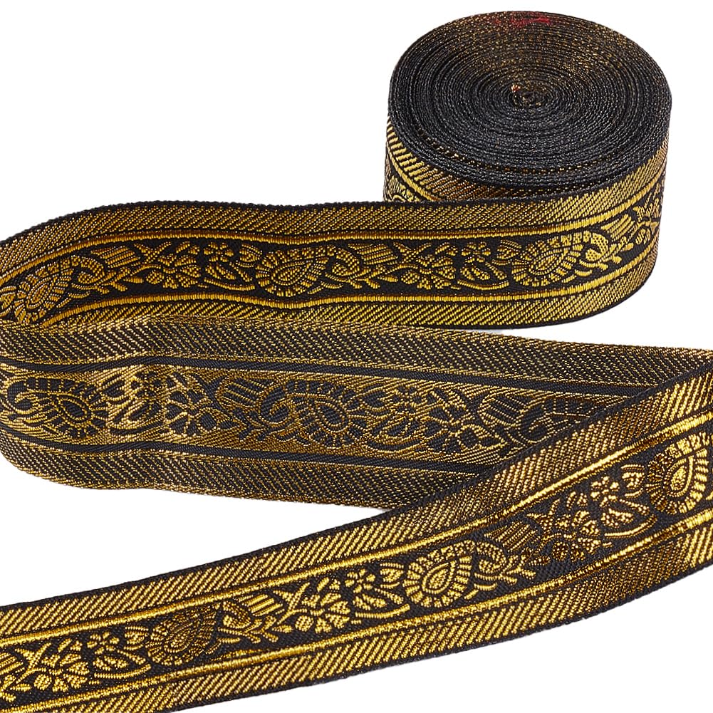 GORGECRAFT 7m Jacquard Tyrolean Ribbon Ethnic 33mm Gold Glitter Metallic Trim Floral Woven Black Embellishment for Diy Sewing Accessories Gift Wrapping Handmade Bag Making Craft Pillow Supplies