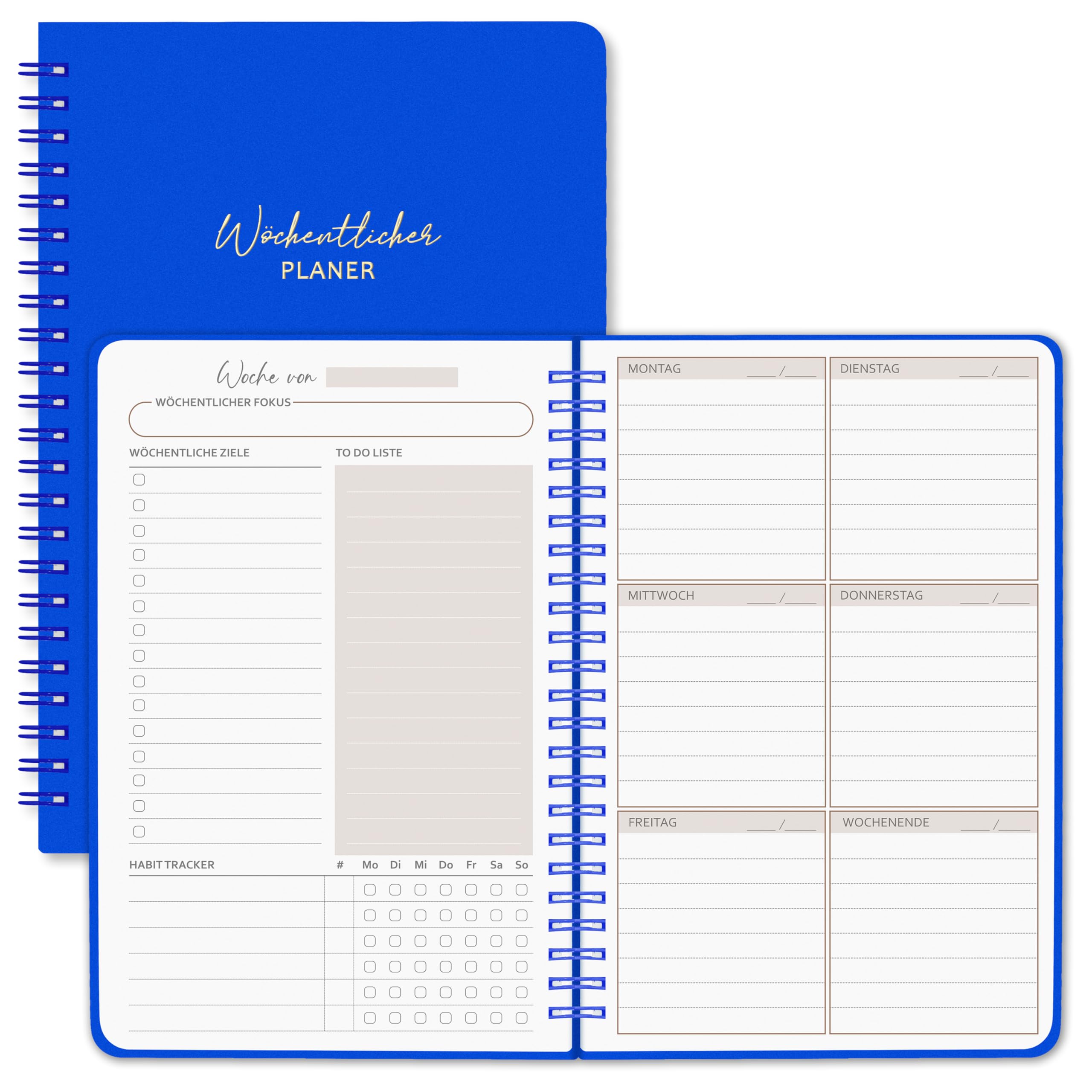BIROYAL Undated Weekly Planner A5 Weekly Diary with To-Do List, Large Note Field, 52 Sheets Diary in German Ring Binder with Hardcover Planner Navy Blue