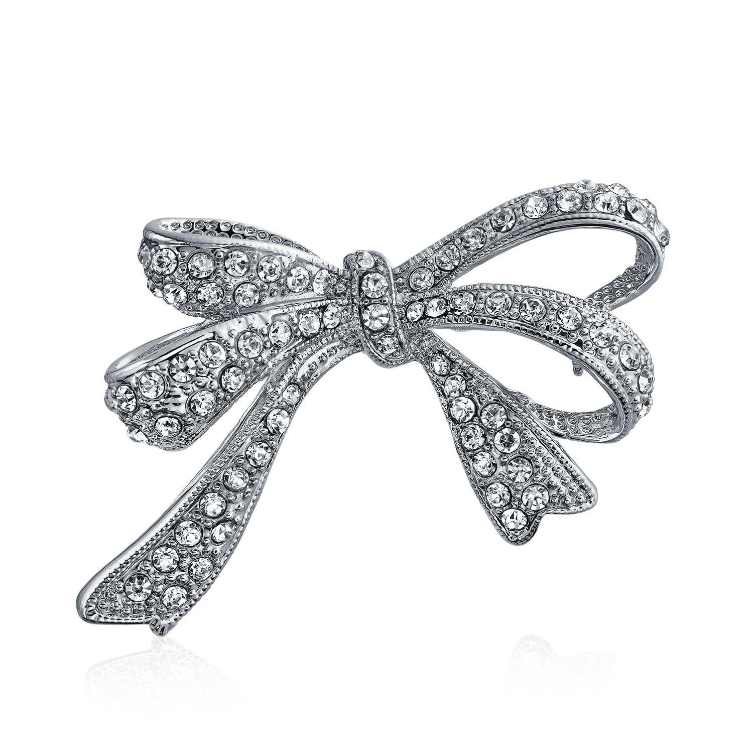 Winter Wedding Holiday White Glittering Crystal Bridal Fashion Large Statement Ribbon Bow Scarf Brooch Pin For Women Silver Plated