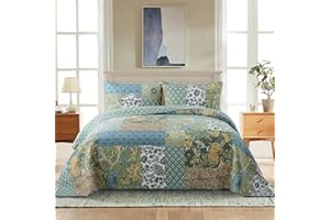 NEWLAKE Cotton Patchwork Bedspread, 3-Piece Bedding Quilt Set with Real Stitched Embroidery, Reversible Matelasse Bed Coverlet Set,Green Farmhouse Garden,King Size