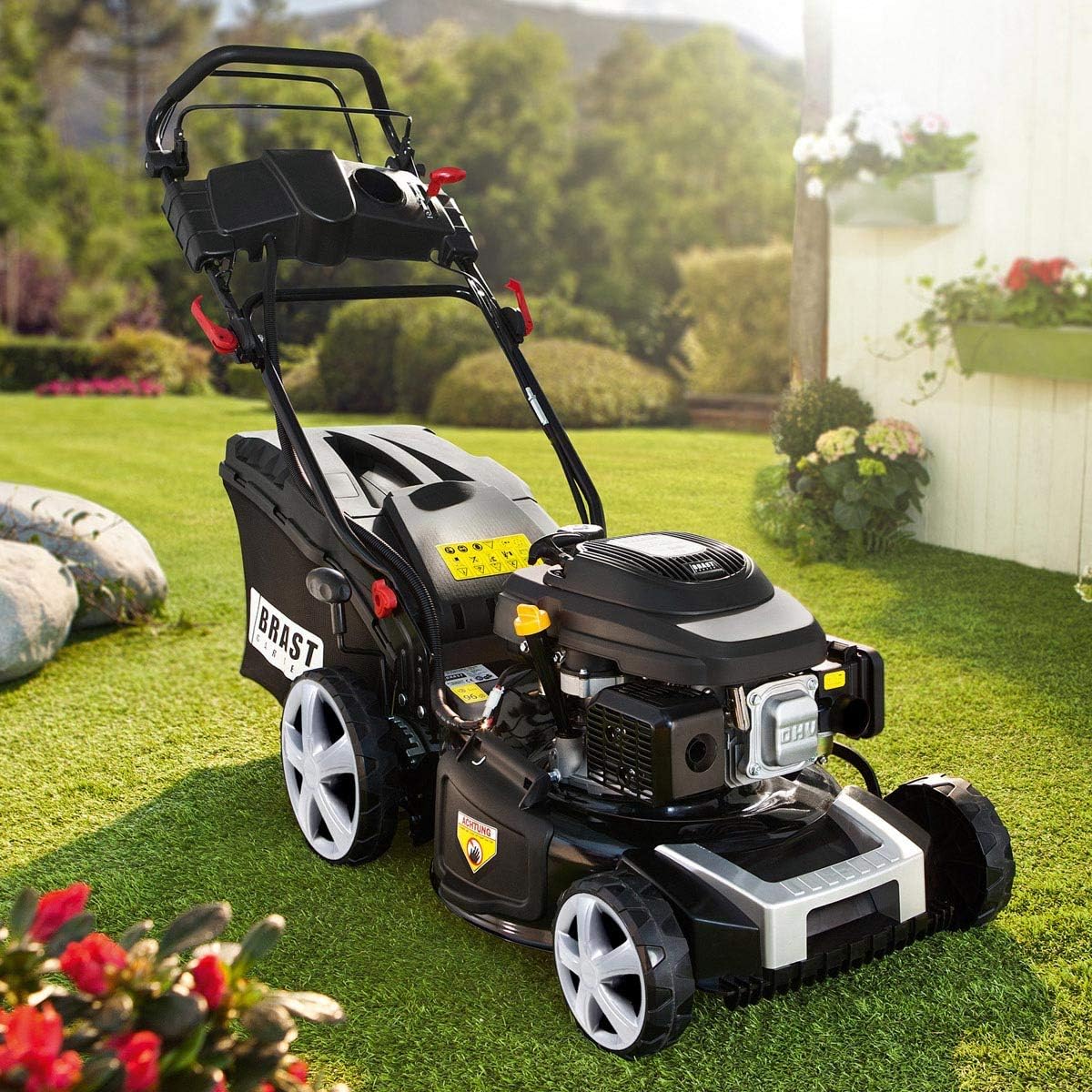 BRAST Benzin-Rasenmäher 4,4kW (6PS) Elektrostart Selbstantrieb 46cm Schnittbreite 30-80mm Schnitthöhe 60L Grasfang-Korb GT Markengetriebe Easy Clean Big-Wheeler Stahlblechgehäuse Benzin-Mäher Trimmer