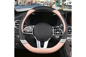 Binsheo Cute Steering Wheel Cover D Shape for Women Men Breathable Universal 15 inch,Black and Pink