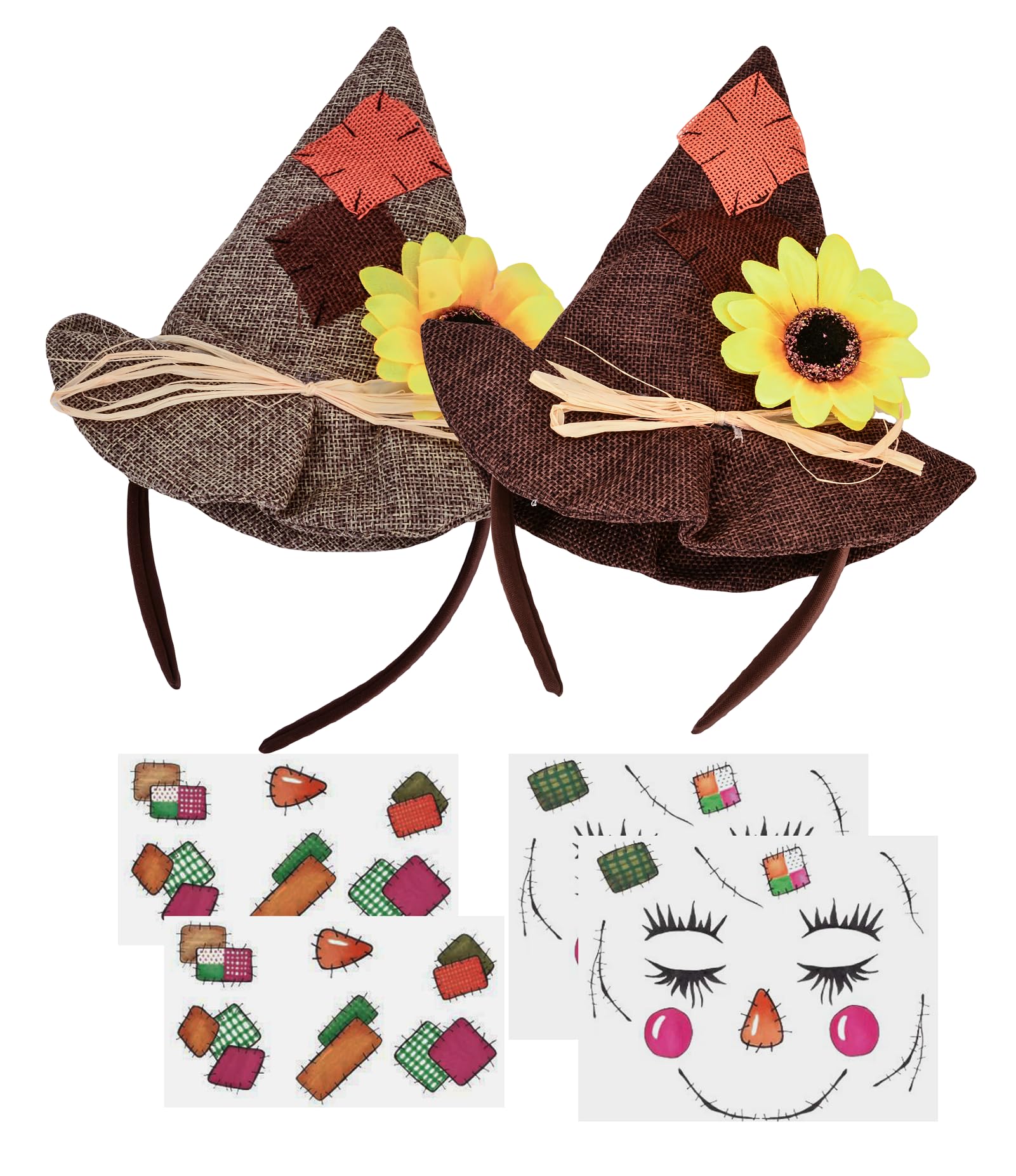 View 1 of 2 pieces Scarecrow Hat Headband for Adults,Scarecrow Face Temporary Tattoo Sticker Mini Scarecrow Costume Accessories for Women Halloween Cosplay (Black Pink Orange)