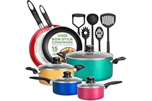 NutriChef 15-Piece Pots and Pan Set, Colorful Nonstick Kitchen Cookware Set, Includes 4 Pots w/Lids, 2 Fry Pans, 5 Utensils, 
