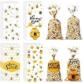 100 PCS Bee Cellophane Treat Bags with Twist Ties, Honey Bee Daisy Print Candy Goodie Pouches Small Plastic Sweet Party Favor Bags for Birthday Baby Shower Gender Reveal Party Gift Wrapping Supplies