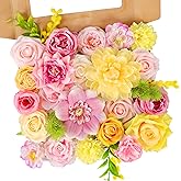Roahosy Pink and Yellow Artificial Flowers, Fake Rose Silk Flower for Centerpieces Pastel Flowers for DIY Wedding Bridal Bouquet Baby Shower Birthday Party Home Decorations