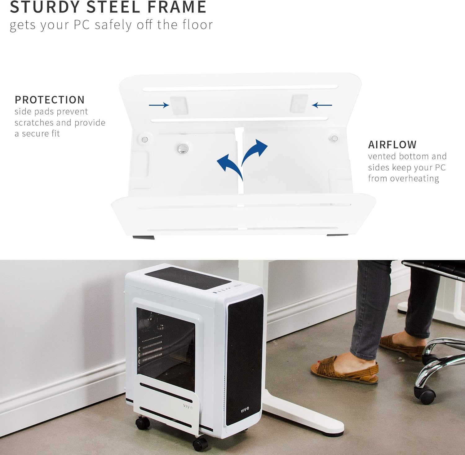 VIVO Computer Tower Desktop ATX-Case, CPU Steel Rolling Stand, Adjustable Mobile Cart Holder with Locking Caster Wheels, White (CART-PC01W) : Office Products