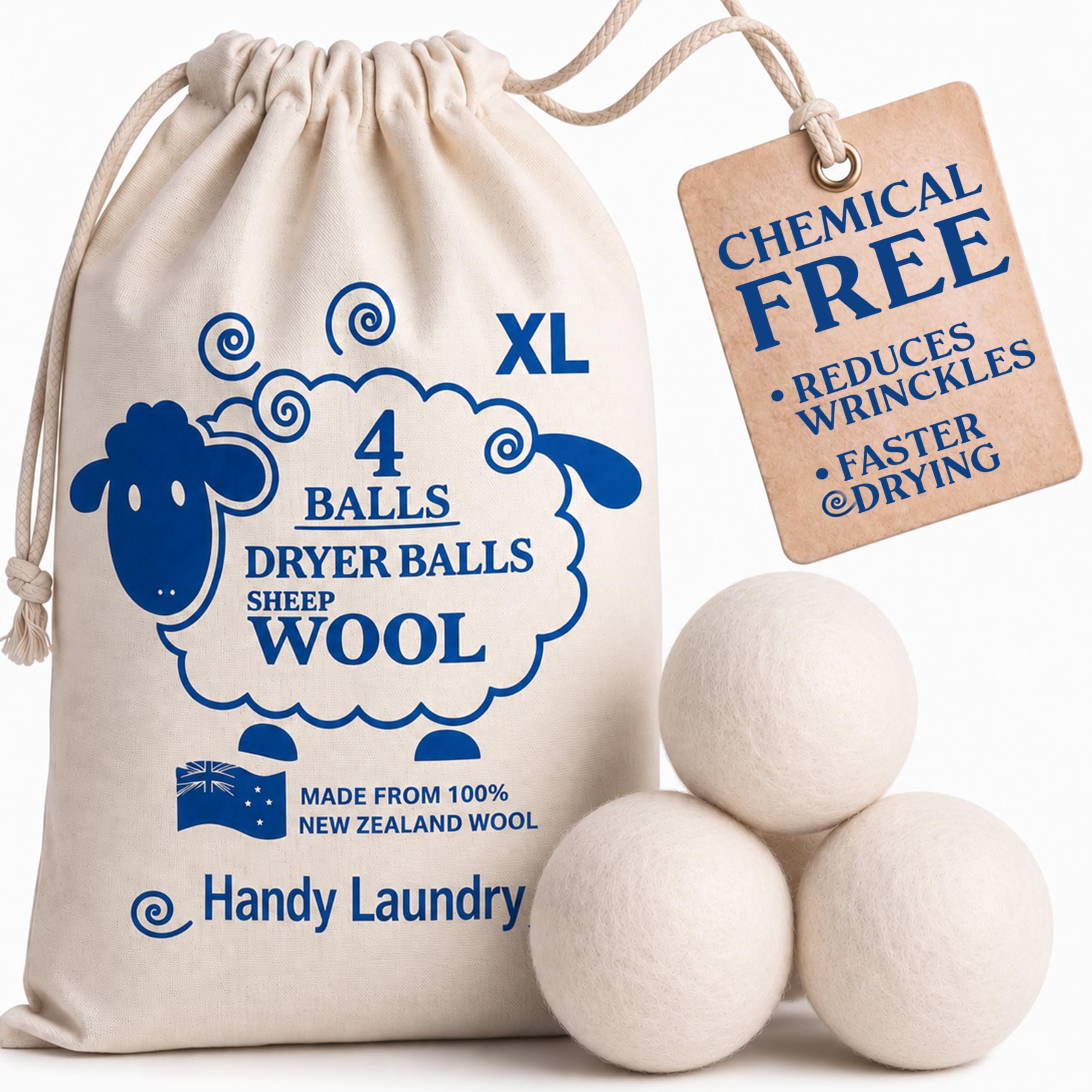 Handy Laundry Wool Dryer Balls 4-Pack, Reusable Natural Fabric Softener