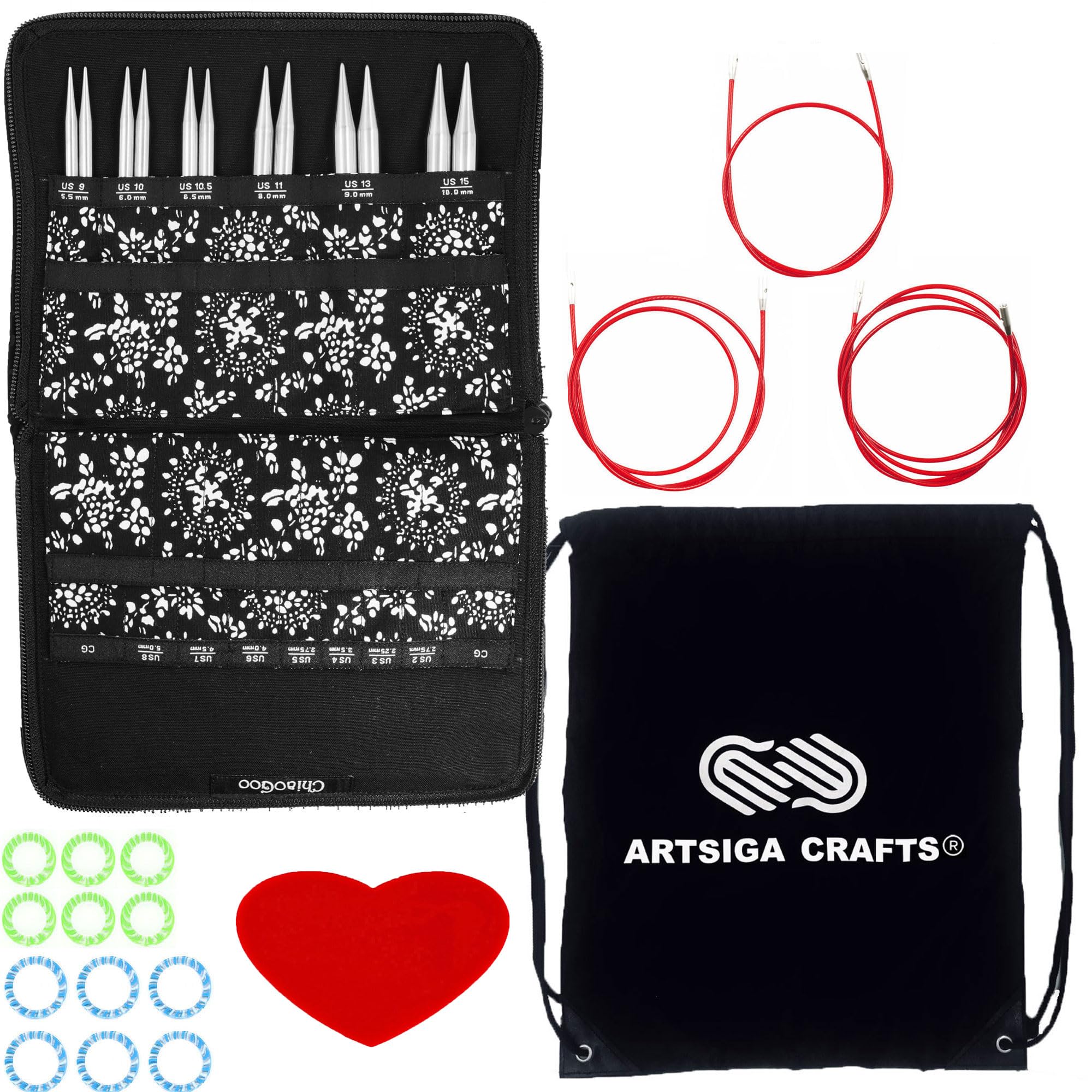 ChiaoGoo Twist Red Lace 5-Inch Large 7500-L Interchangeable Circular Knitting Needle Set, Sizes US 9, 10, 10.5, 11, 13, 15, Stainless Steel with 3 Cords Bundle with 1 Artsiga Crafts Project Bag