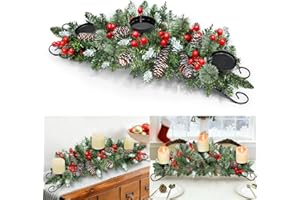 TURNMEON 30 Inch Christmas Table Centerpieces with 3 Candle Holders, Christmas Centerpieces for Tables Red Berries Pinecones Snowy Pine Metal Base Holiday Xmas Winter Tabletop Decor,Fire Retardant&Foldable
