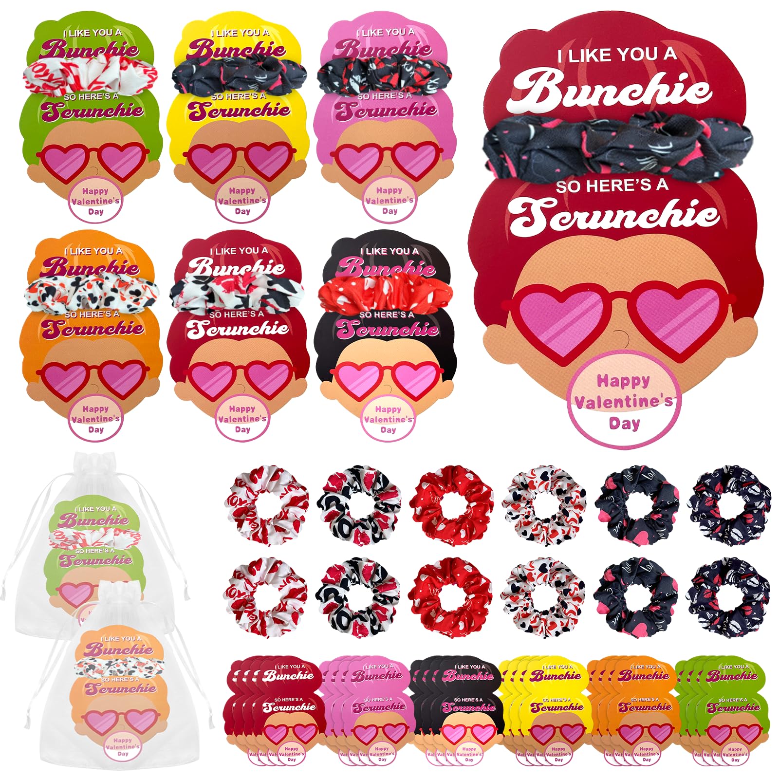 Photo 1 of 24 Pack Cute Heart Hair Scrunchies Set Include 24 Lip Print Hair Scrunchies 24 Girl Theme Cards 24 Organza Bags Love Print Hair Accessories for Classroom Exchange Supplies Easter Gifts