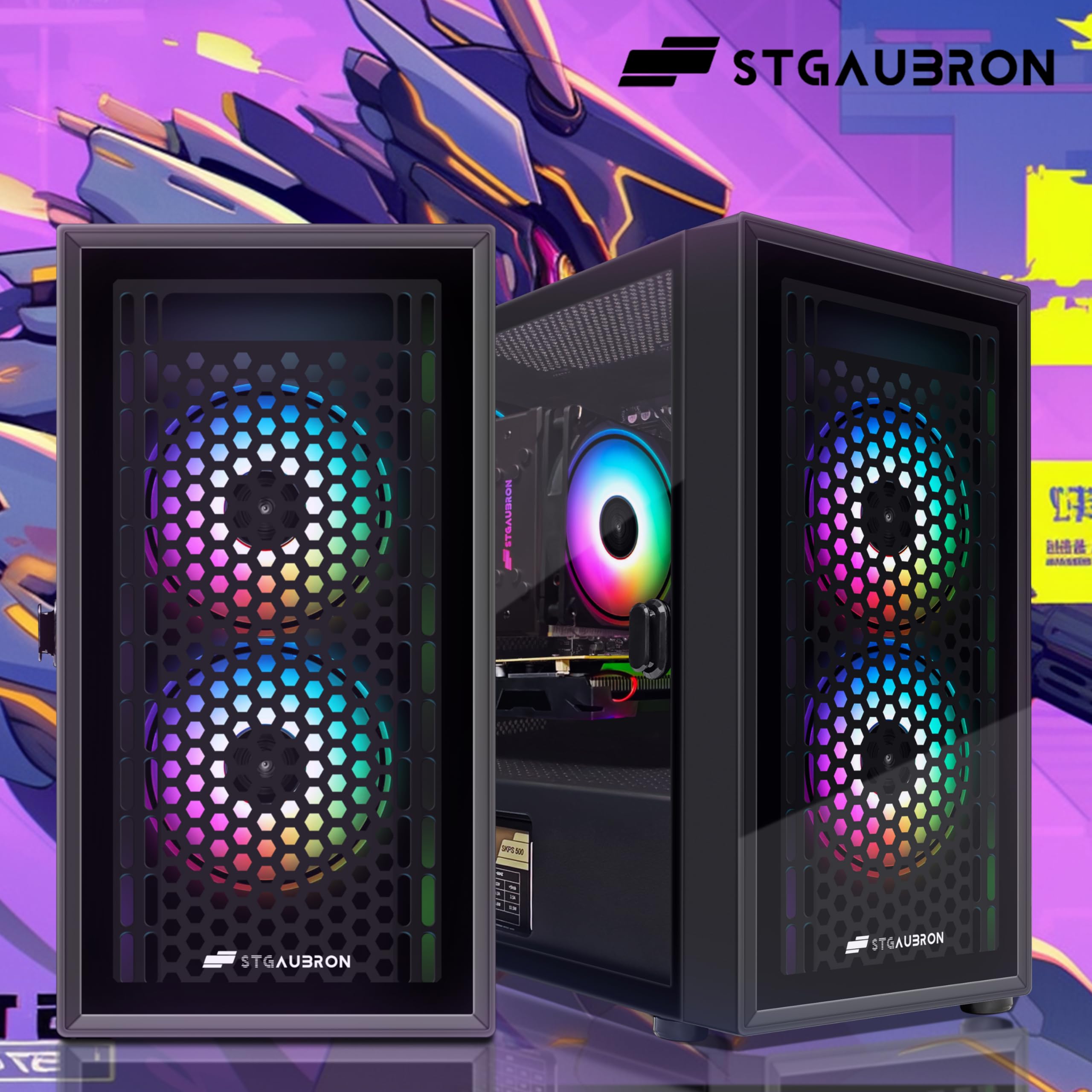 STGAubron Gaming PC Computer Desktop, Intel i7 Xeon E5, Radeon RX 550 4G, 16GB RAM, 512GB SSD, WiFi, BT 5.0, RGB Fan x3, Windows 11 Home, Gaming Computer Tower for Gamer,Streaming