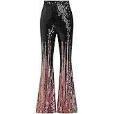 ODIZLI Womens Bell Bottom Sparkle Sequin Flare Pants Elastic High Waisted Bling Glitter Dance Pants