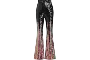 ODIZLI Womens Bell Bottom Sparkle Sequin Flare Pants Elastic High Waisted Bling Glitter Dance Pants
