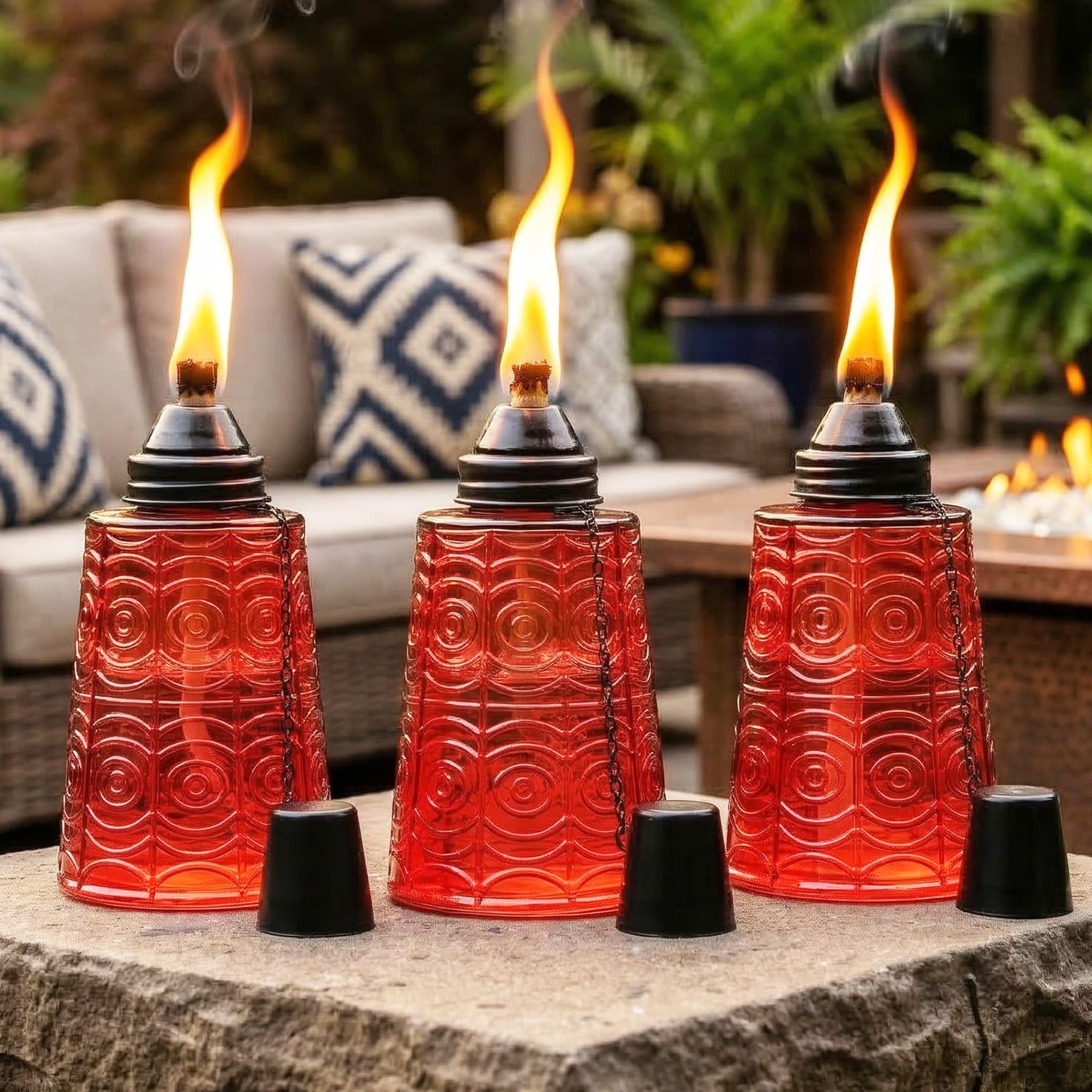 Seraphic Table Top Citronella Burner Torches for Outdoor Patio, 16oz Decorative Glass Tiki Torch Citronella Lamp Candles for Outside Deck, Garden, Parties, Set of 3, Red