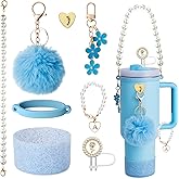 Stanley Cup Accessories Set, Shinning Cup Boot, White Pearl Water Bottle Handle Strap & Pearl Straw Cover, Keychain Charms Tumbler Decorations for Stanley Accessories 30oz 40oz (Blue)